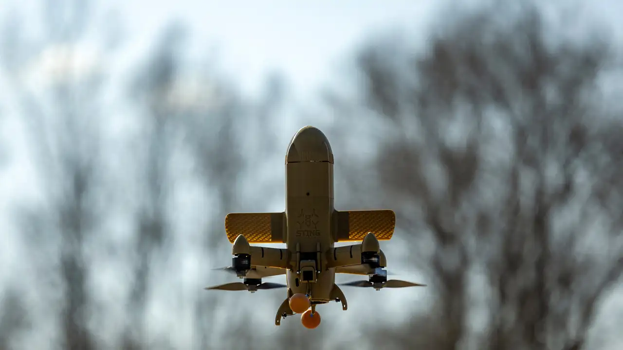 Wild Hornets engineers demonstrate Ukrainian Sting interceptor drones in Ukraine