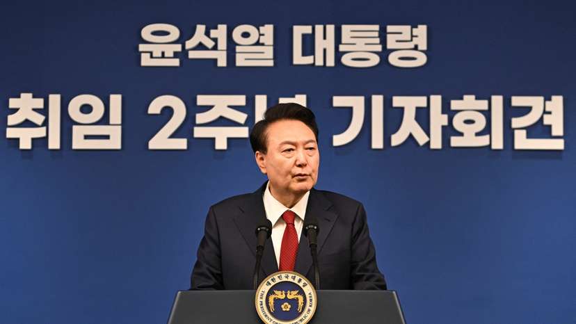 South Korean President Yoon Suk-yeol attends a press conference marking two years in office, in Seoul