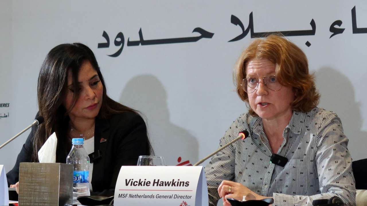 Vickie Hawkins speaks during a press conference in Amman