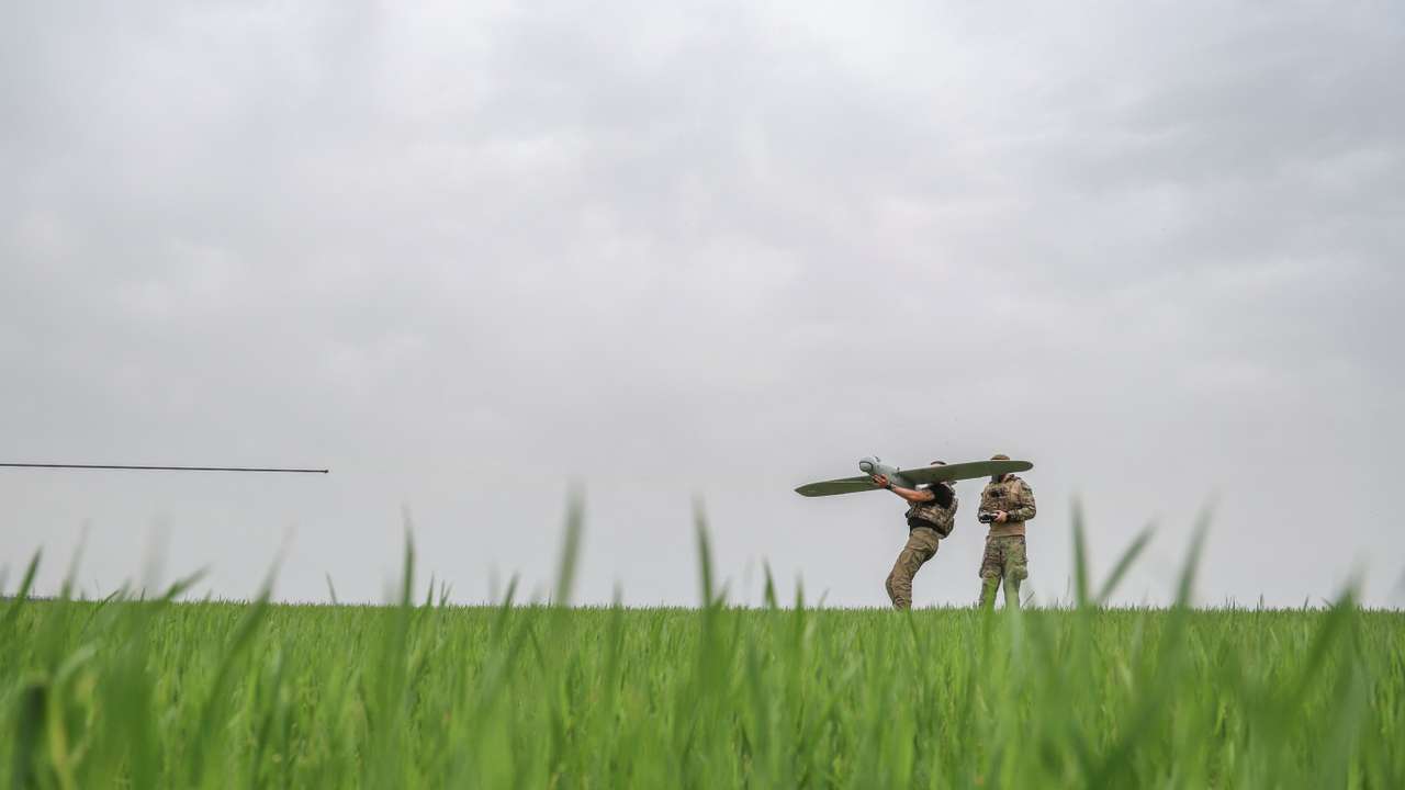 Ukrainian serviceman launch a reconnaissance UAV in a front line in Donetsk region
