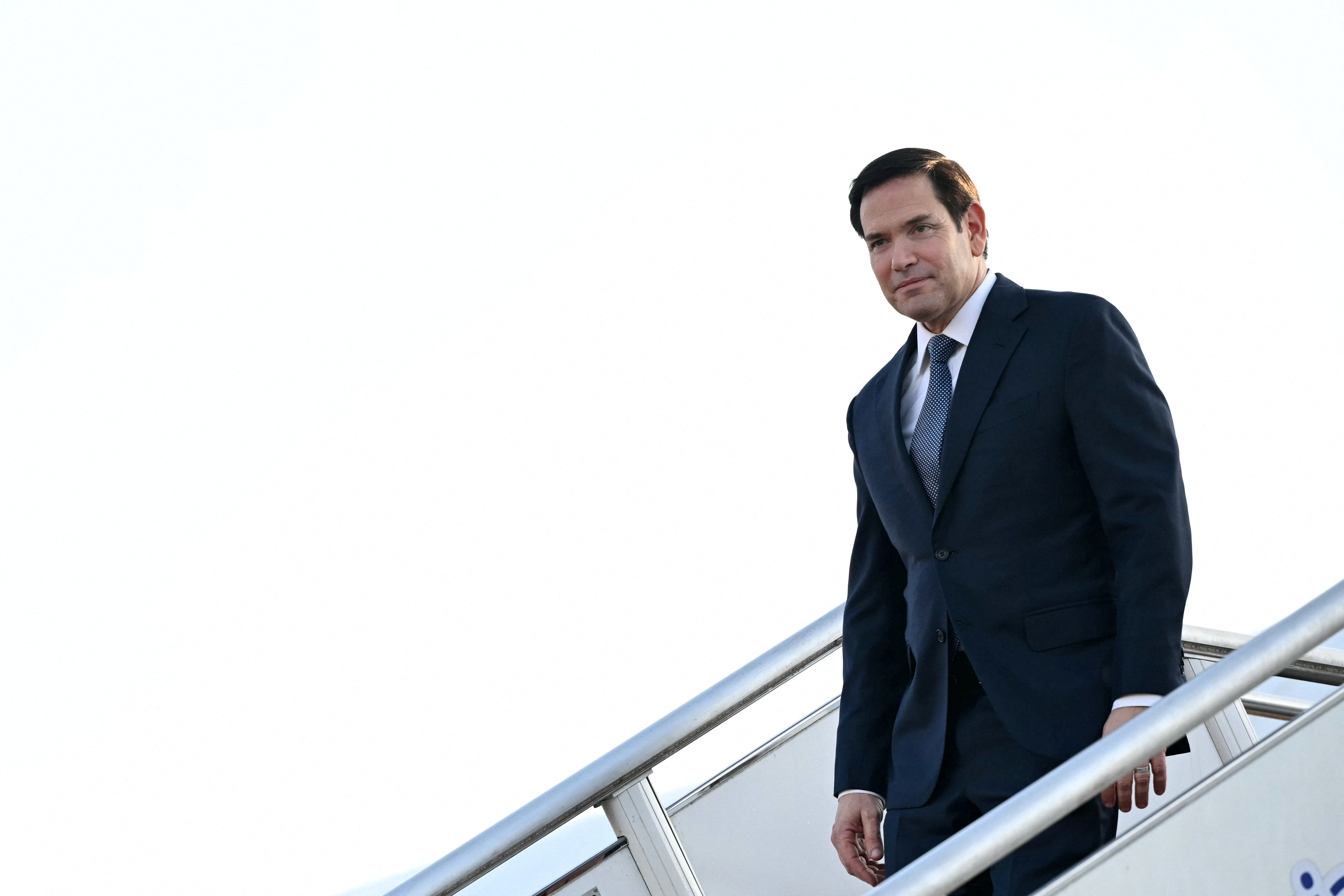 U.S. Secretary of State Marco Rubio deplanes upon arriving at Subang Air Base