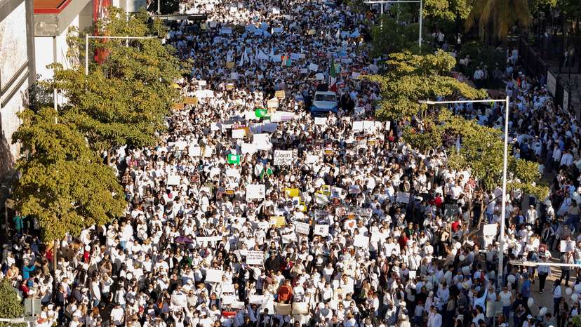 A drone view shows people during a march to press authorities to address escalating regional drug-related violence in Culiacan