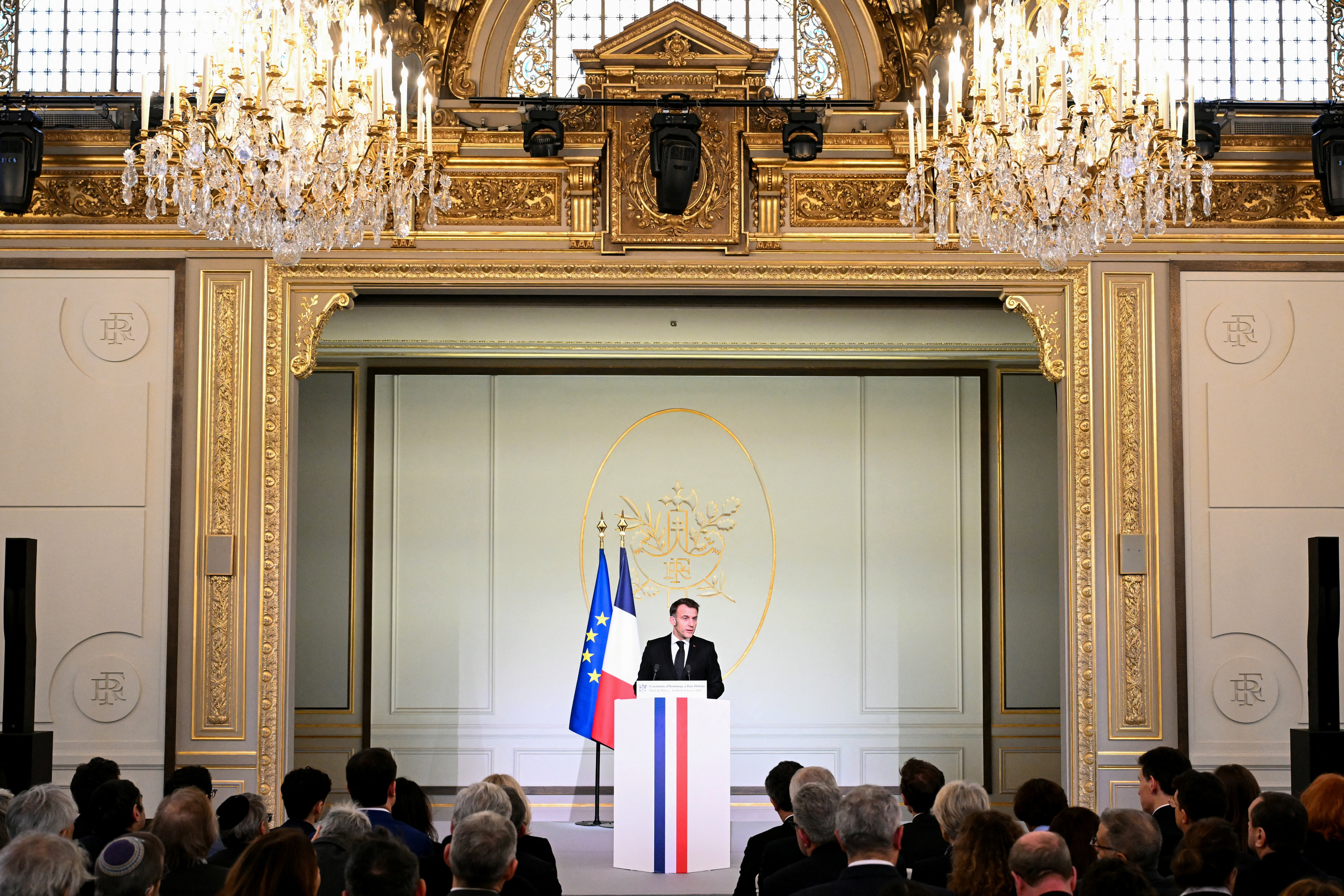 France's President Emmanuel Macron speaks during the 20th anniversary of the murder of Ilan Halimi