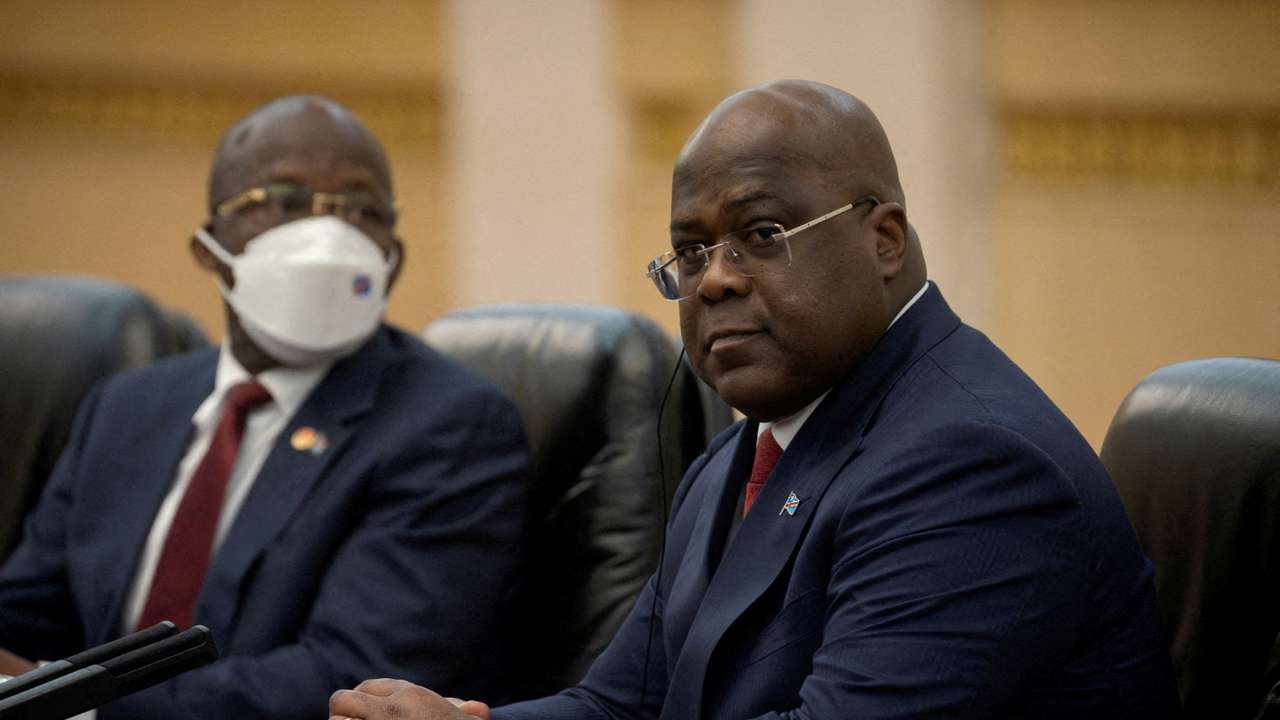 FILE PHOTO: Democratic Republic of Congo's President Felix Tshisekedi attends talks with Chinese Premier Li Qiang at the Great Hall of the People in Beijing