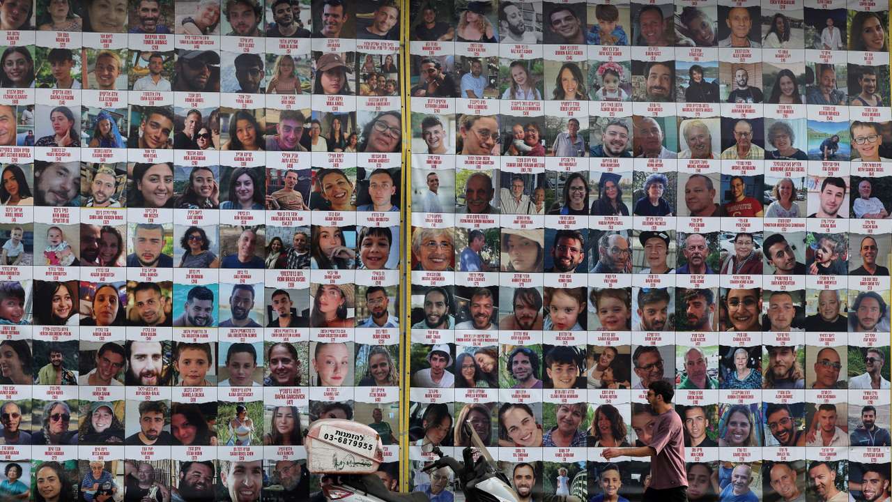 Posters in support of hostages kidnapped during the October 7 attack in Tel Aviv