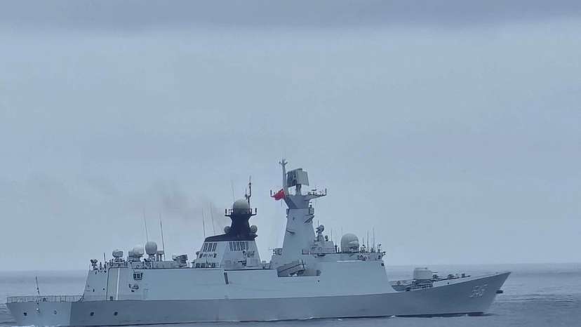 A Chinese warship navigates on waters near Pengjia Islet in northern Taiwan