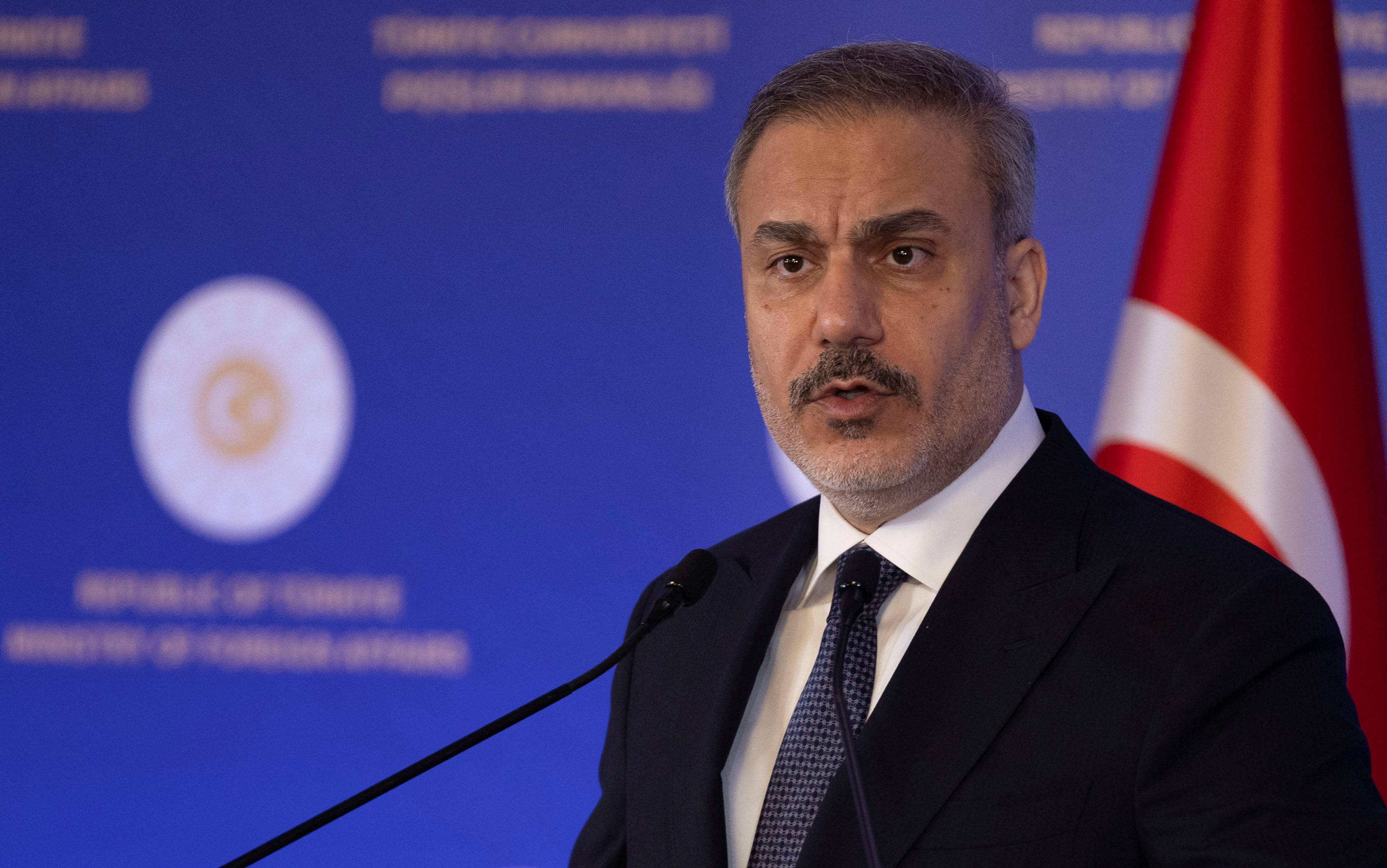 Turkish Foreign Minister Hakan Fidan speaks during a press conference in Istanbul