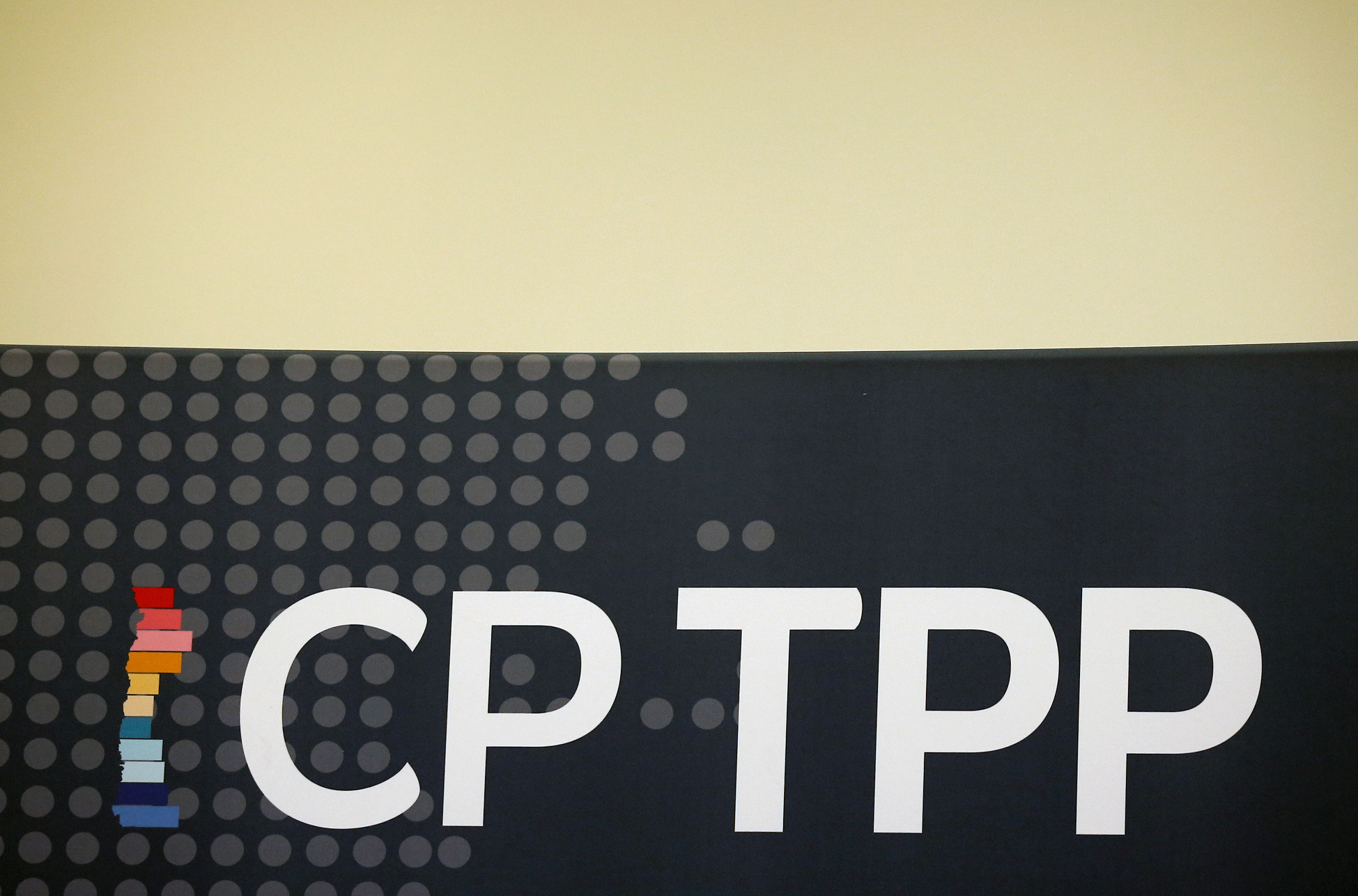 The logo of TPP trade deal, is seen inside at the Ministry of Foreign Affairs in Santiago