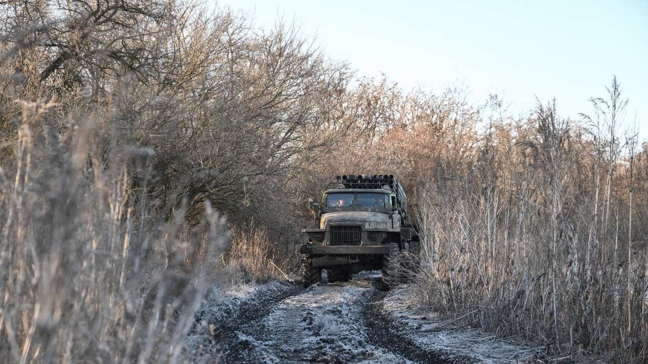 Ukrainian servicemen drive an MLRS in a front line in Donetsk region