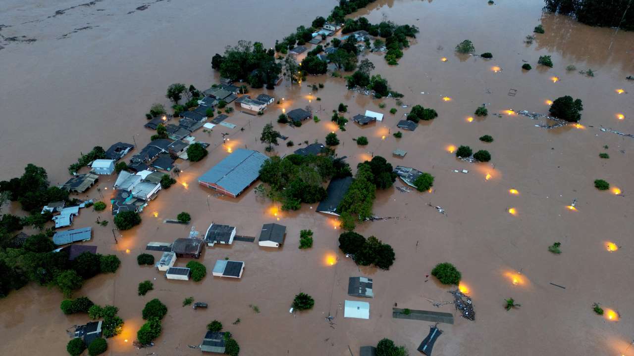 A drone view of the flooded area next to the Taquari River during heavy rains in the city of Encantado