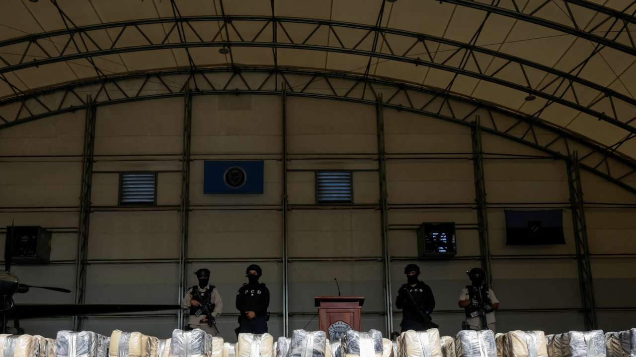 Drug packages seized during a police operation in the Pacific coast are presented to the media at the Juan Santamaria International Airport, in Alajuela
