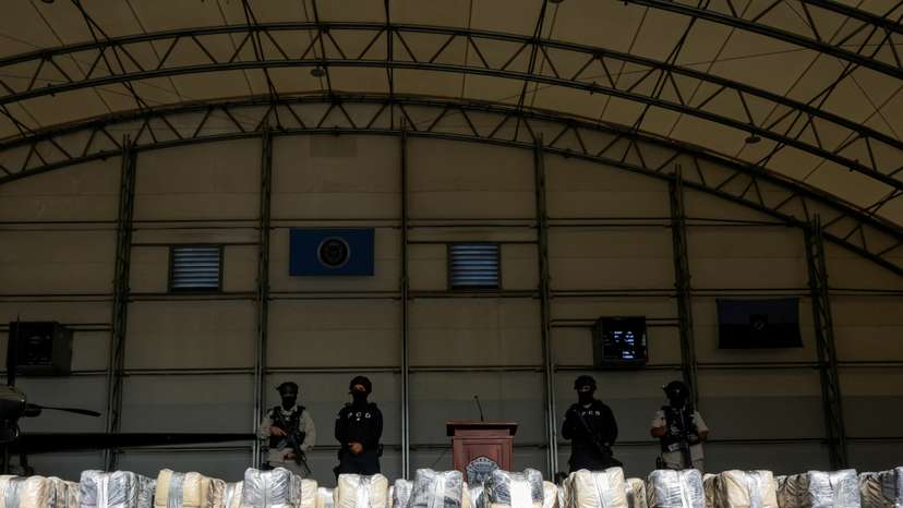Drug packages seized during a police operation in the Pacific coast are presented to the media at the Juan Santamaria International Airport, in Alajuela