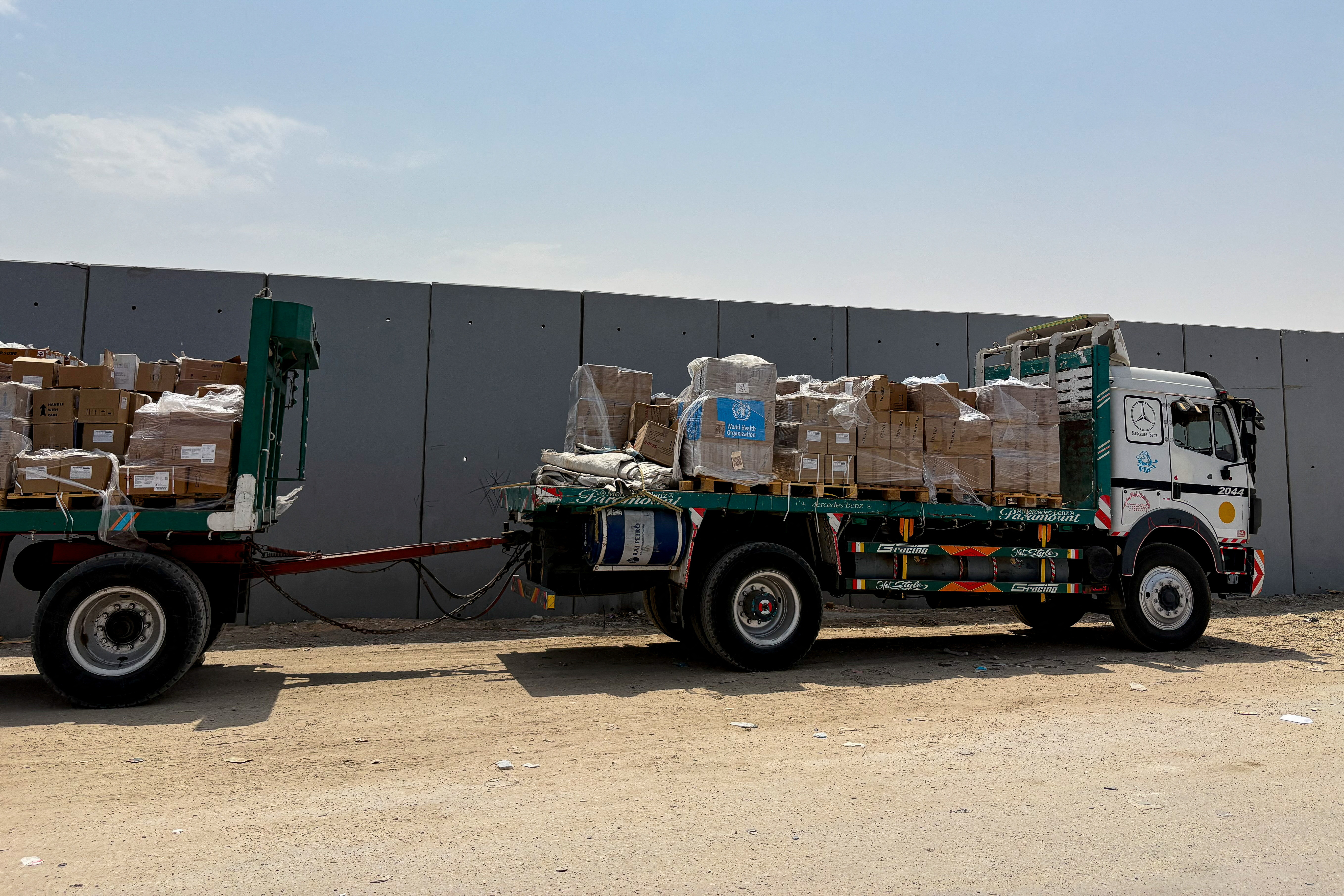 FILE PHOTO: A truck carrying humanitarian aid stands near the Rafah border crossing between Egypt and the Gaza Strip, in Rafah