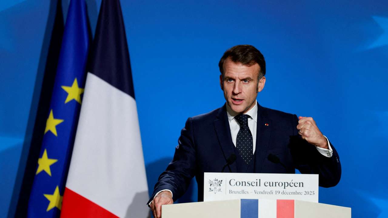 FILE PHOTO: French President Emmanuel Macron holds a press conference during a European Union leaders' summit, in Brussels