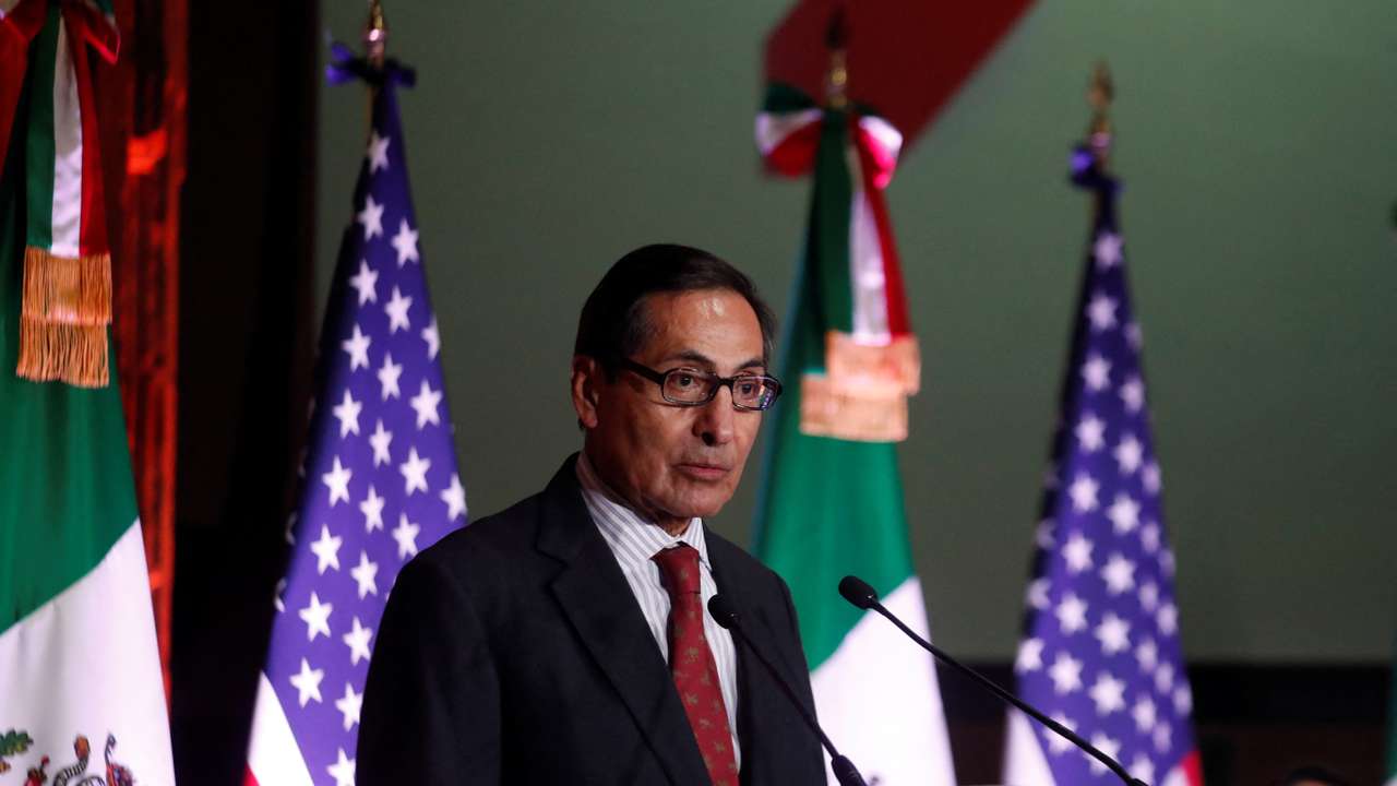 Mexico's Finance Minister Rogelio Ramirez de la O speaks at an event marking more than 200 years of diplomatic relations between the United States and Mexico, in Mexico City