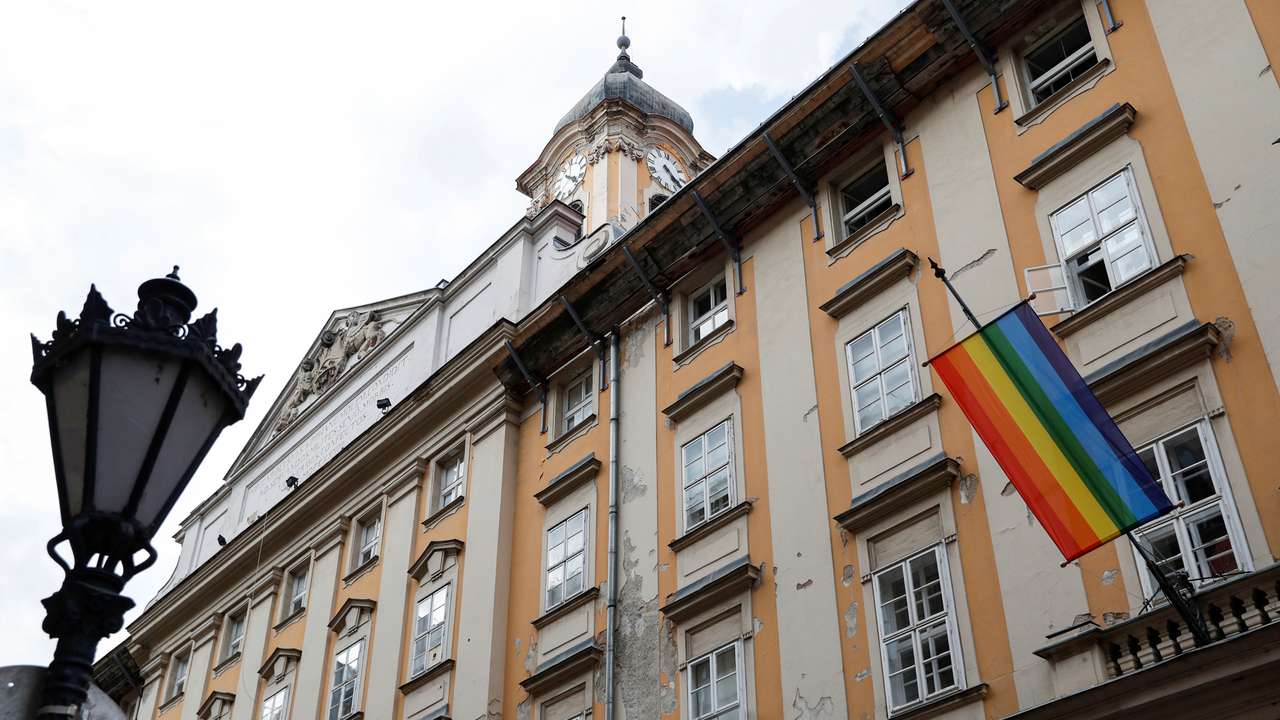 The rainbow Pride flag hangs on the Budapest's mayor's office as the city celebrates the Pride month with a series of events in Budapest