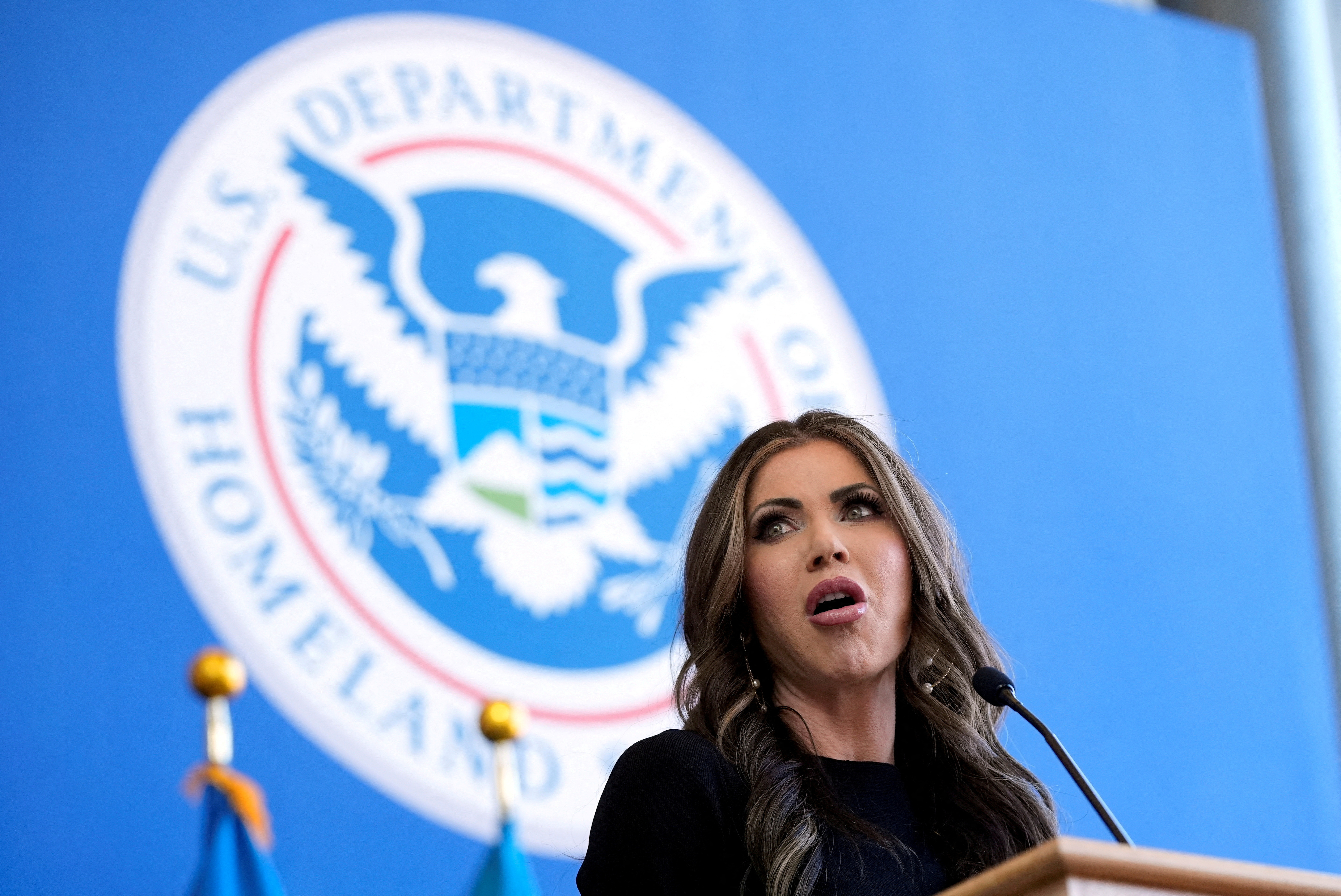 FILE PHOTO: Homeland Security Secretary Kristi Noem speaks to employees at the Department of Homeland Security