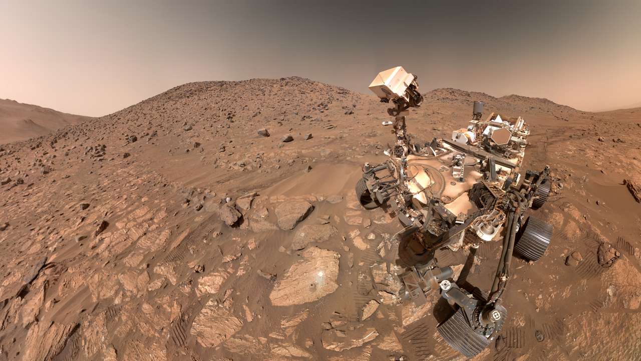 A "selfie" taken by NASA's Perseverance Mars rover, made up of 62 individual images
