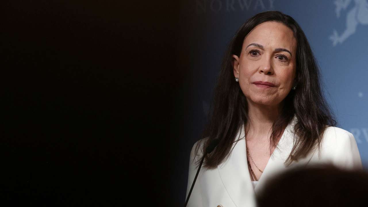 Nobel Peace Prize laureate and Venezuelan opposition leader Maria Corina Machado listens during a press conference in Oslo