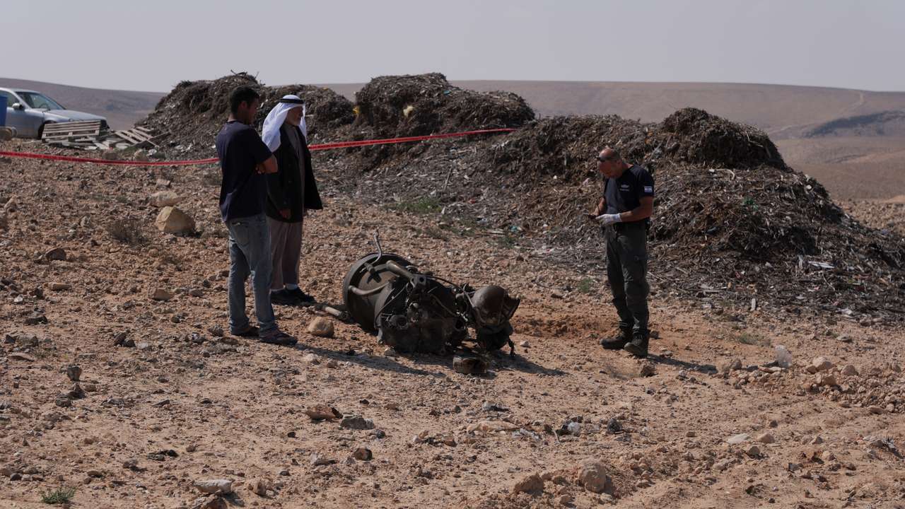 FILE PHOTO: The remains of a rocket booster that, according to Israeli authorities critically injured a 7-year-old girl, after Iran launched drones and missiles towards Israel, near Arad