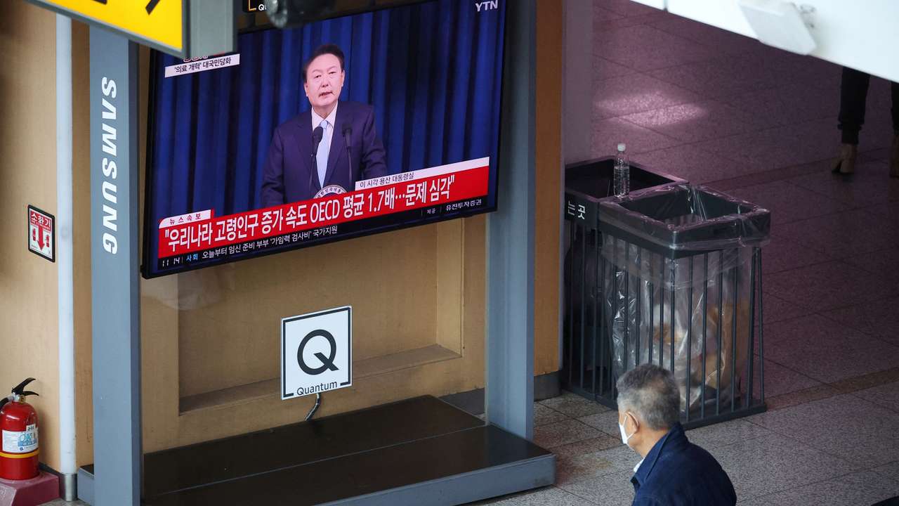 FILE PHOTO: South Korean President Yoon Suk Yeol gives speech on doctors' strike amid prolonged standoff