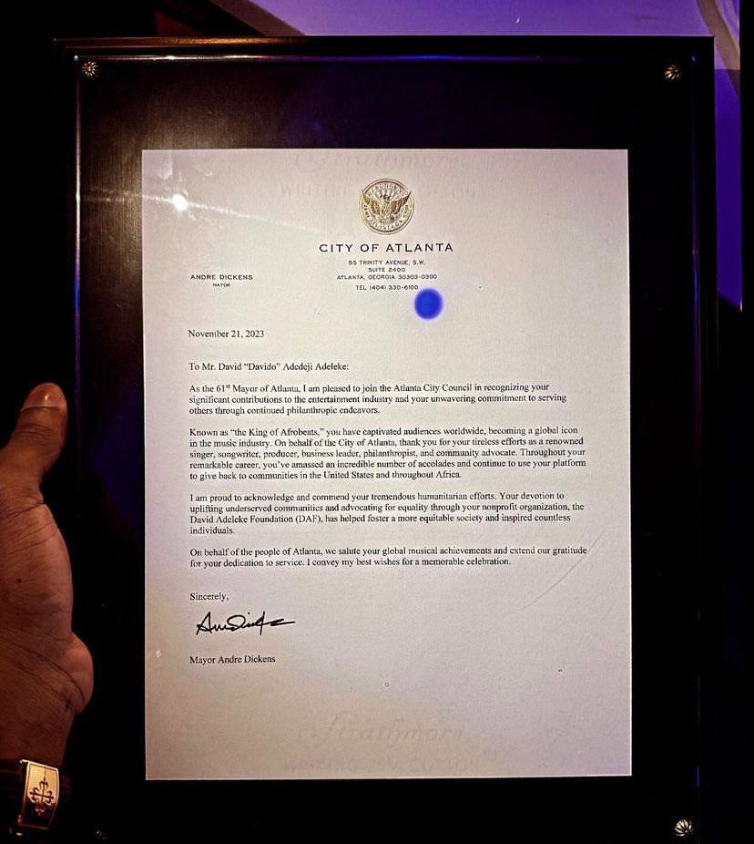 November 18th is now proclaimed as ‘Davido’s Day’ in the city of Atlanta