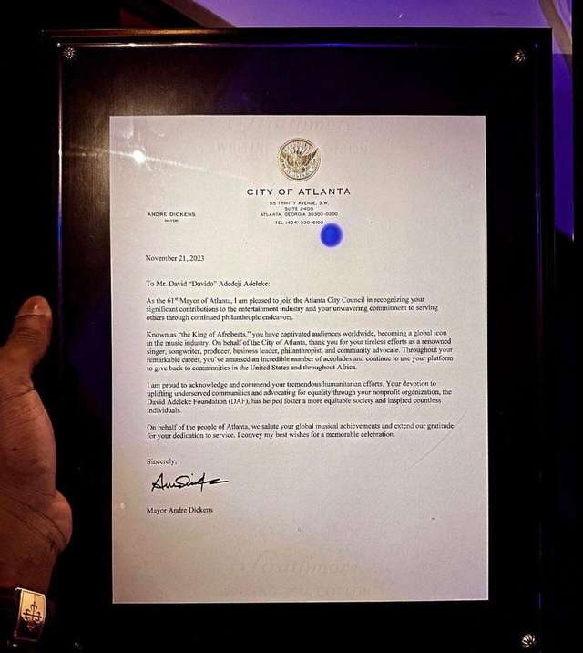 November 18th is now proclaimed as ‘Davido’s Day’ in the city of Atlanta