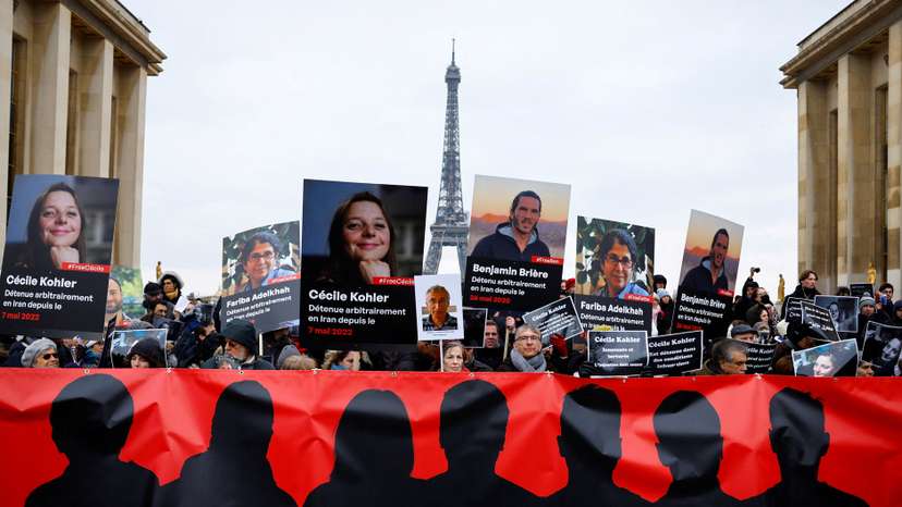 FILE PHOTO: Supporters and relatives of French citizens detained in Iran gather in Paris