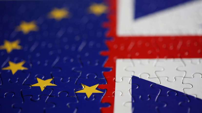 Puzzle with printed EU and UK flags