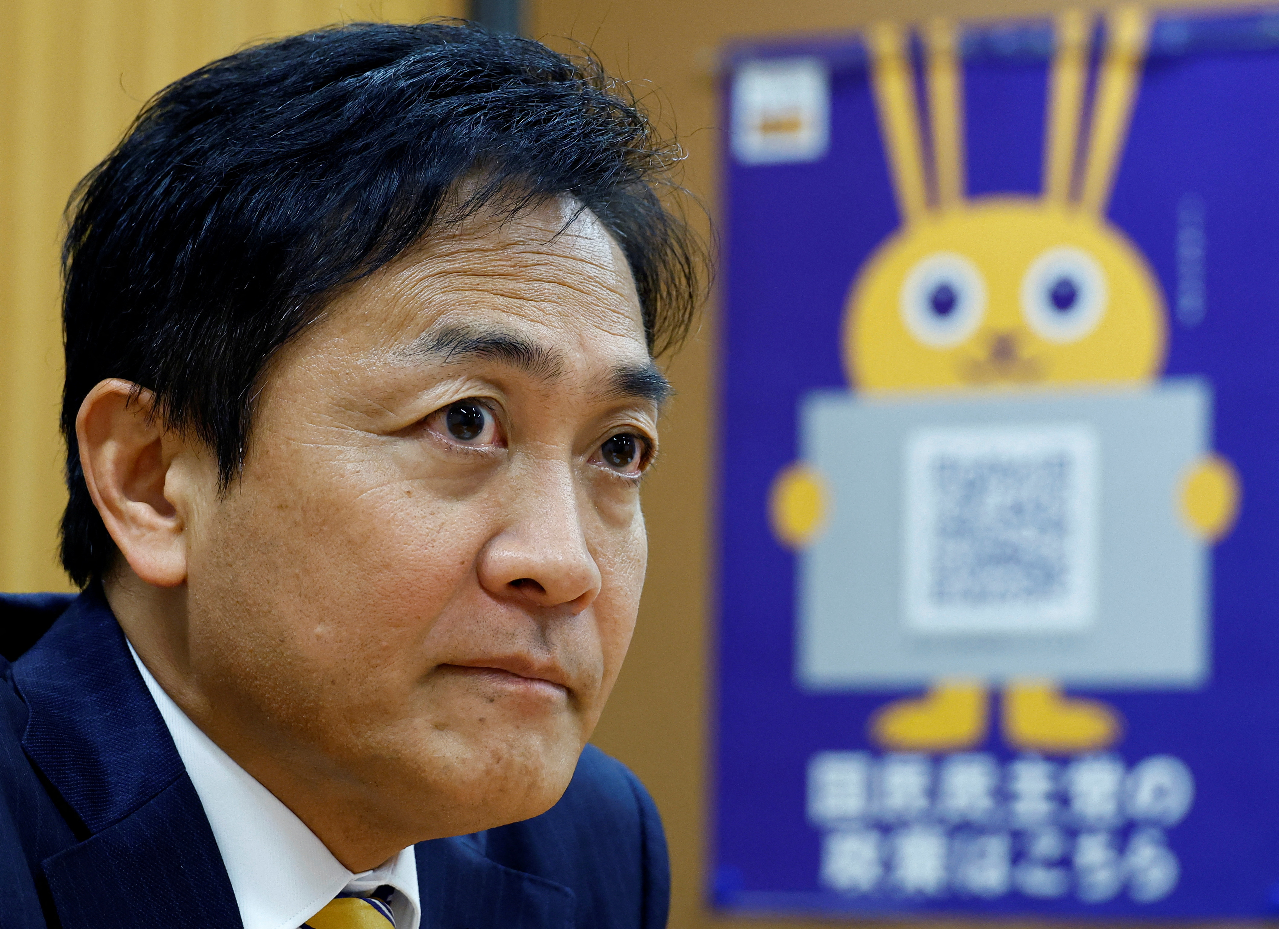 Yuichiro Tamaki, head of the opposition Democratic Party for the People (DPP), speaks at an interview with Reuters in Tokyo