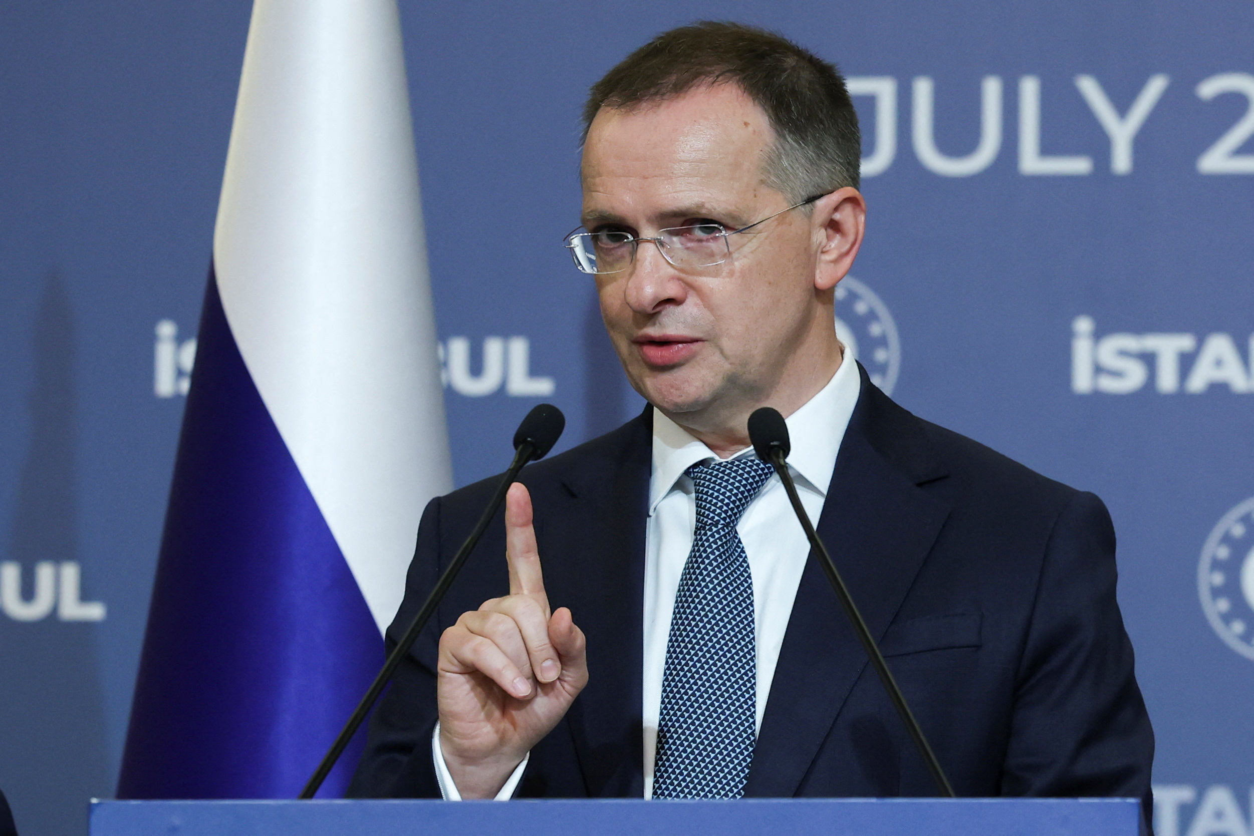 Russian delegation holds a press conference on the day of the third round of peace talks with Ukraine, in Istanbul