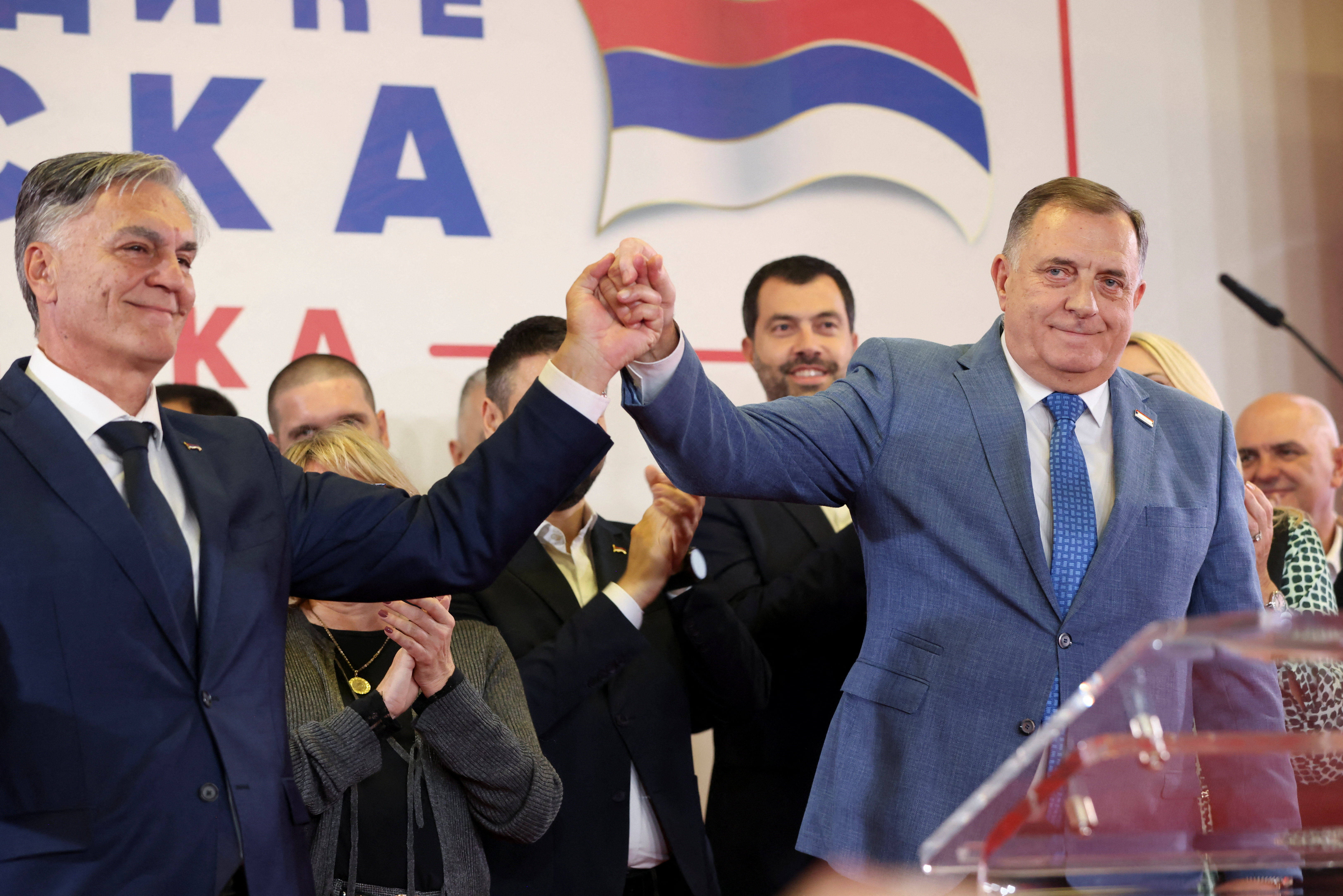Sinisa Karan speaks at a press conference in Banja Luka