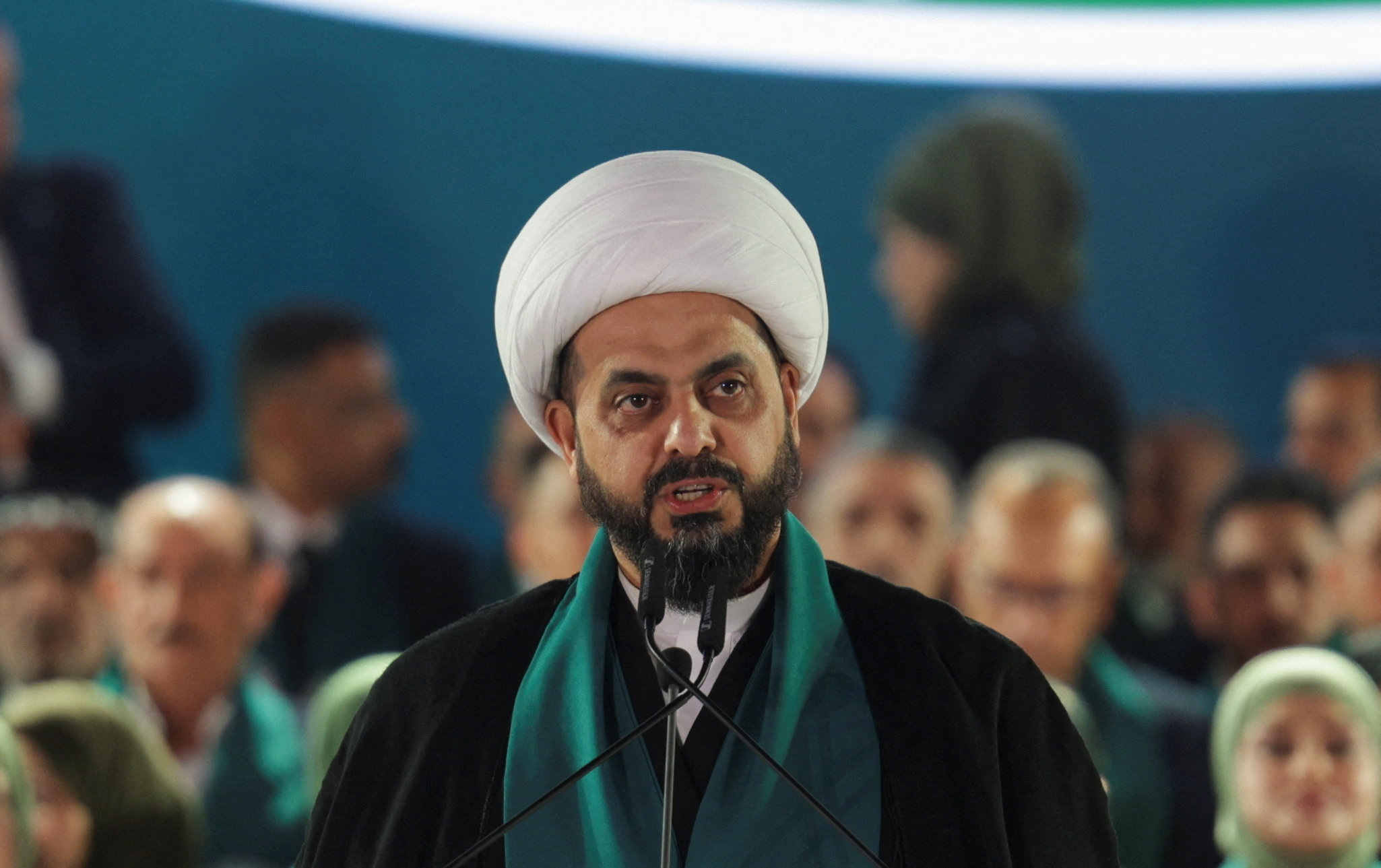 Qais al-Khazali, head of the Asaib Ahl al-Haq group, speaks during a rally to present the Sadiqoon Movement ahead of parliamentary elections, in Baghdad