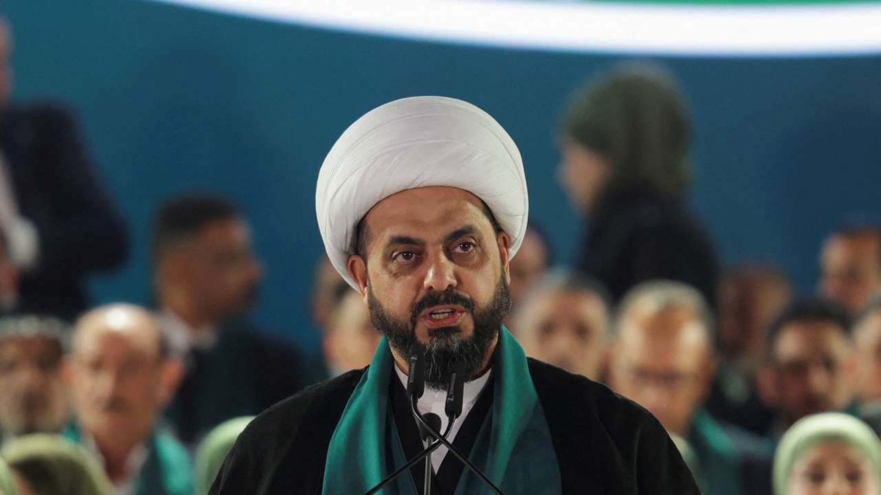 Qais al-Khazali, head of the Asaib Ahl al-Haq group, speaks during a rally to present the Sadiqoon Movement ahead of parliamentary elections, in Baghdad