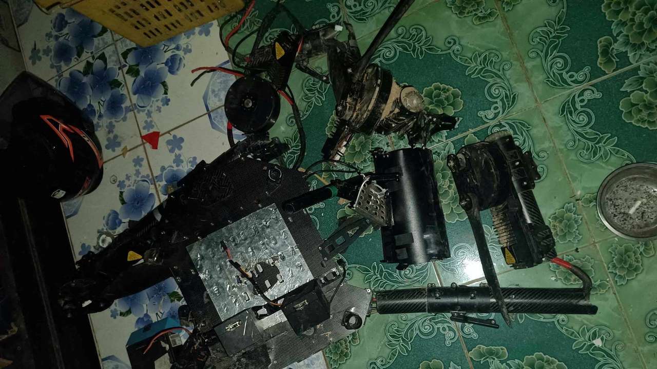 Debris reportedly belonging to a drone, which was shot down by Myanmar resistance fighters, in southeastern Myanmar