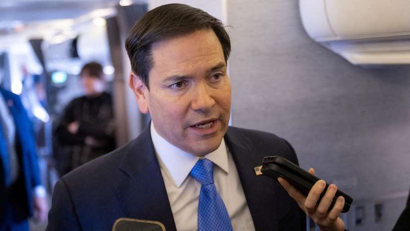 U.S. Secretary of State Marco Rubio speaks with the media on his military airplane as he flies to Jeddah