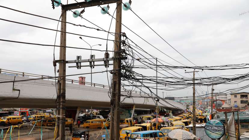 Electric wires are pictured in Ojuelegba district in Nigeria's commercial capital Lagos