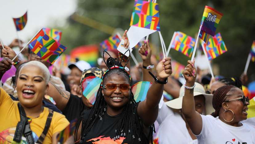 People march in celebration of LGBTQ+ rights at the annual Pride Parade in Johannesburg