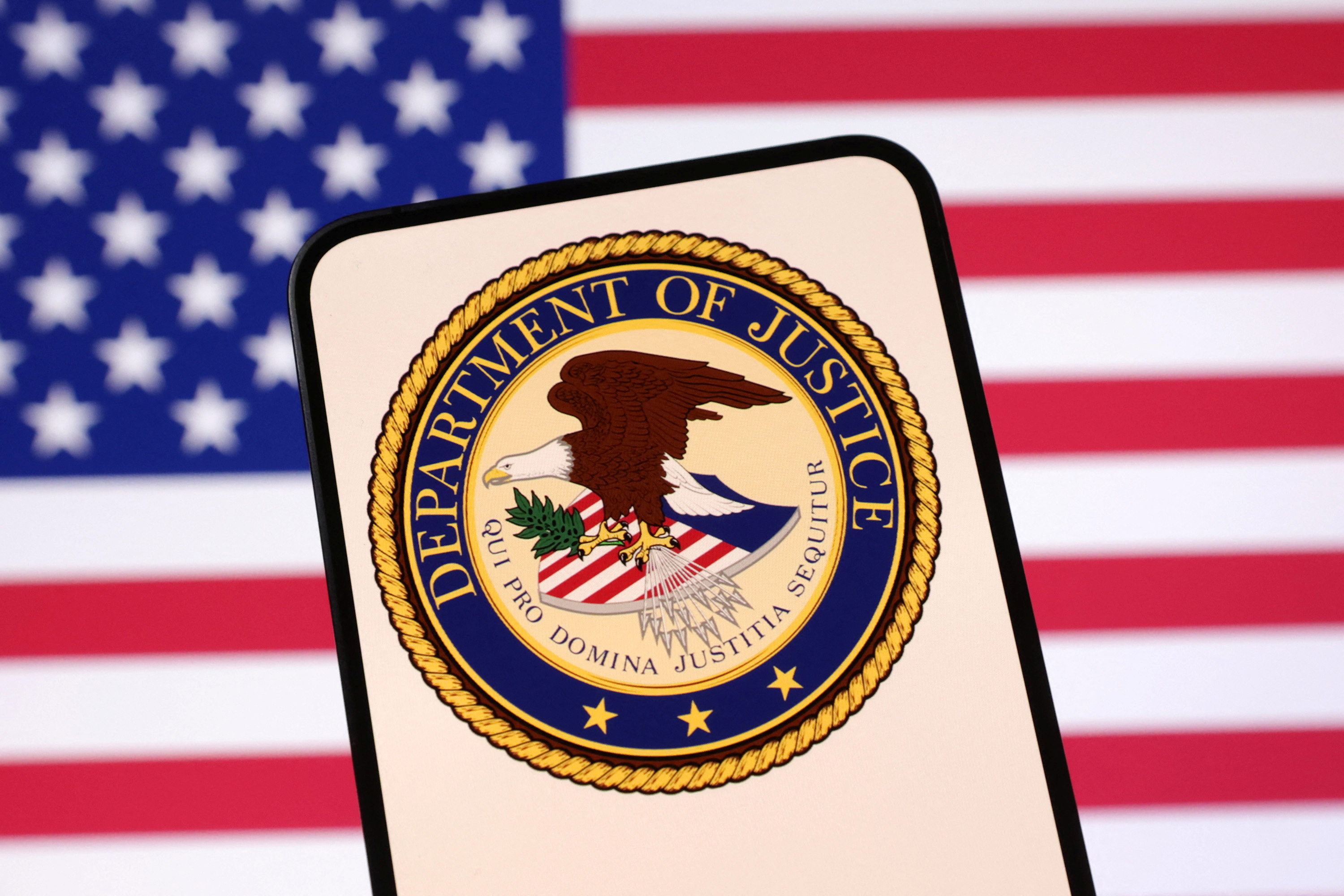 Illustration shows United States Department of Justice logo and U.S. flag