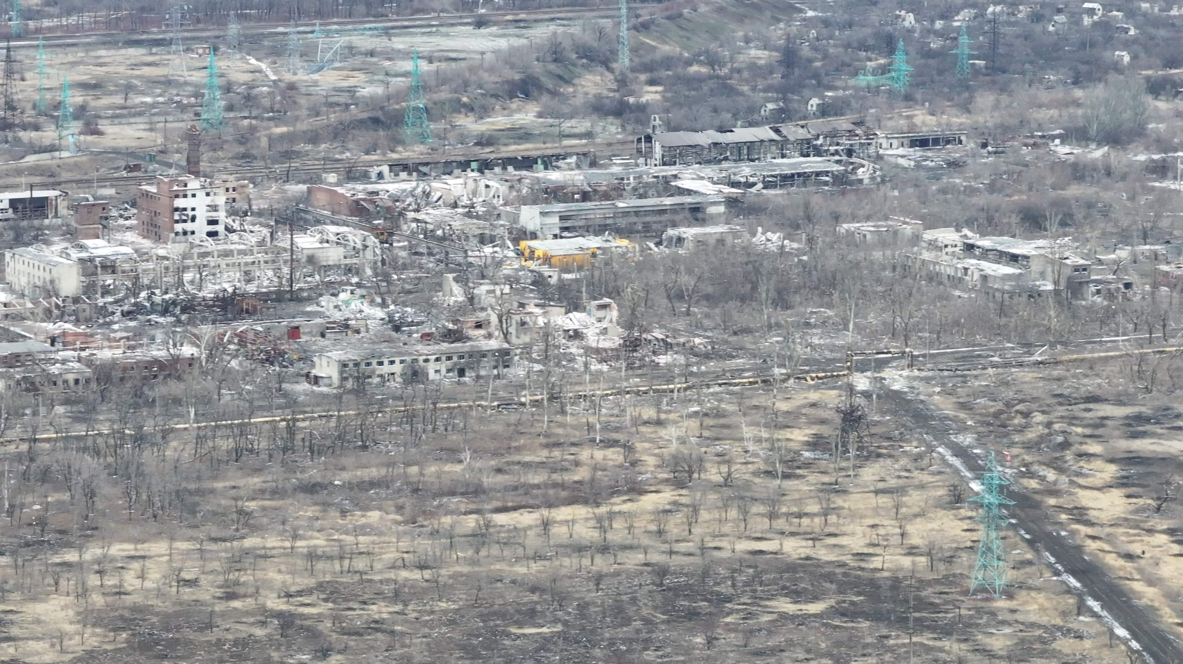A drone view shows destroyed buildings in Avdiivka