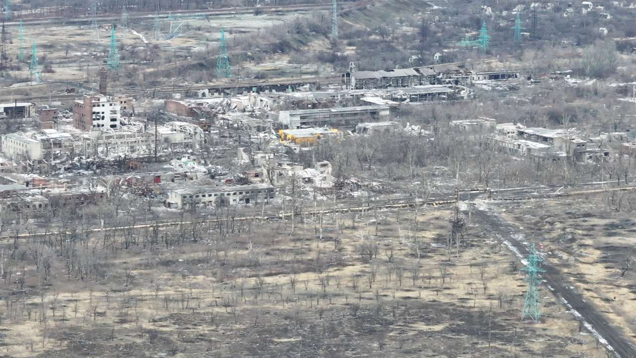 A drone view shows destroyed buildings in Avdiivka