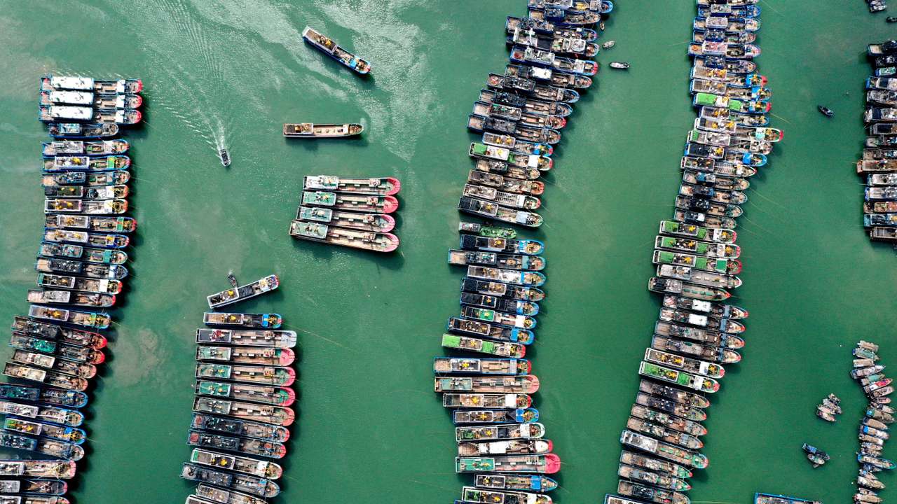 Fishing boats in Fuzhou as Typhoon Gaemi approaches