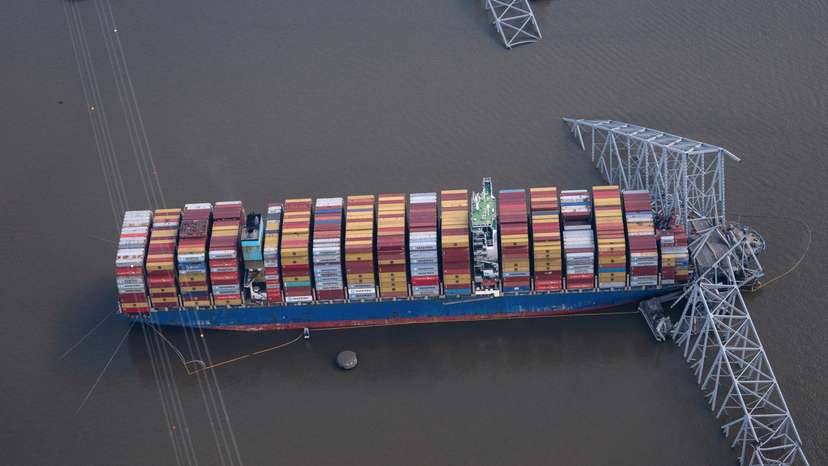 View of the Dali cargo vessel which crashed into the Francis Scott Key Bridge causing it to collapse in Baltimore, Maryland