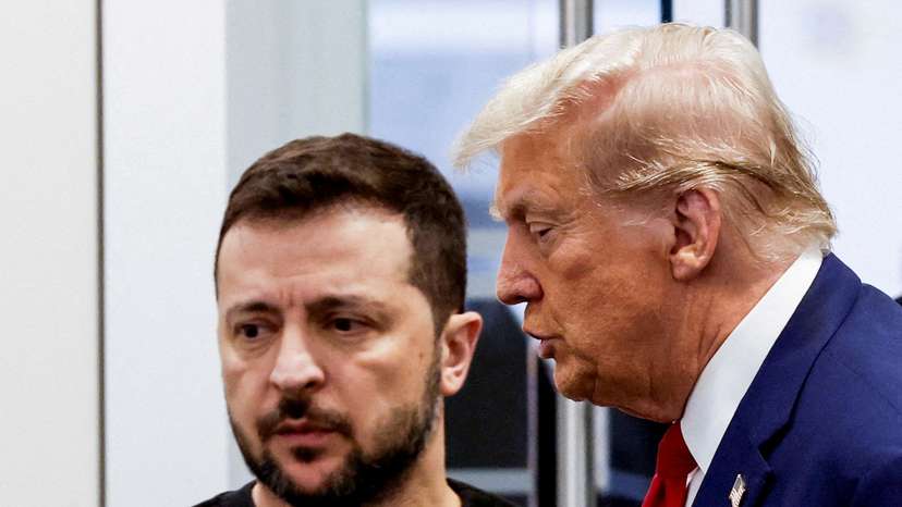 FILE PHOTO: Republican presidential nominee and former U.S. President Donald Trump and Ukraine's President Volodymyr Zelenskiy meet in New York