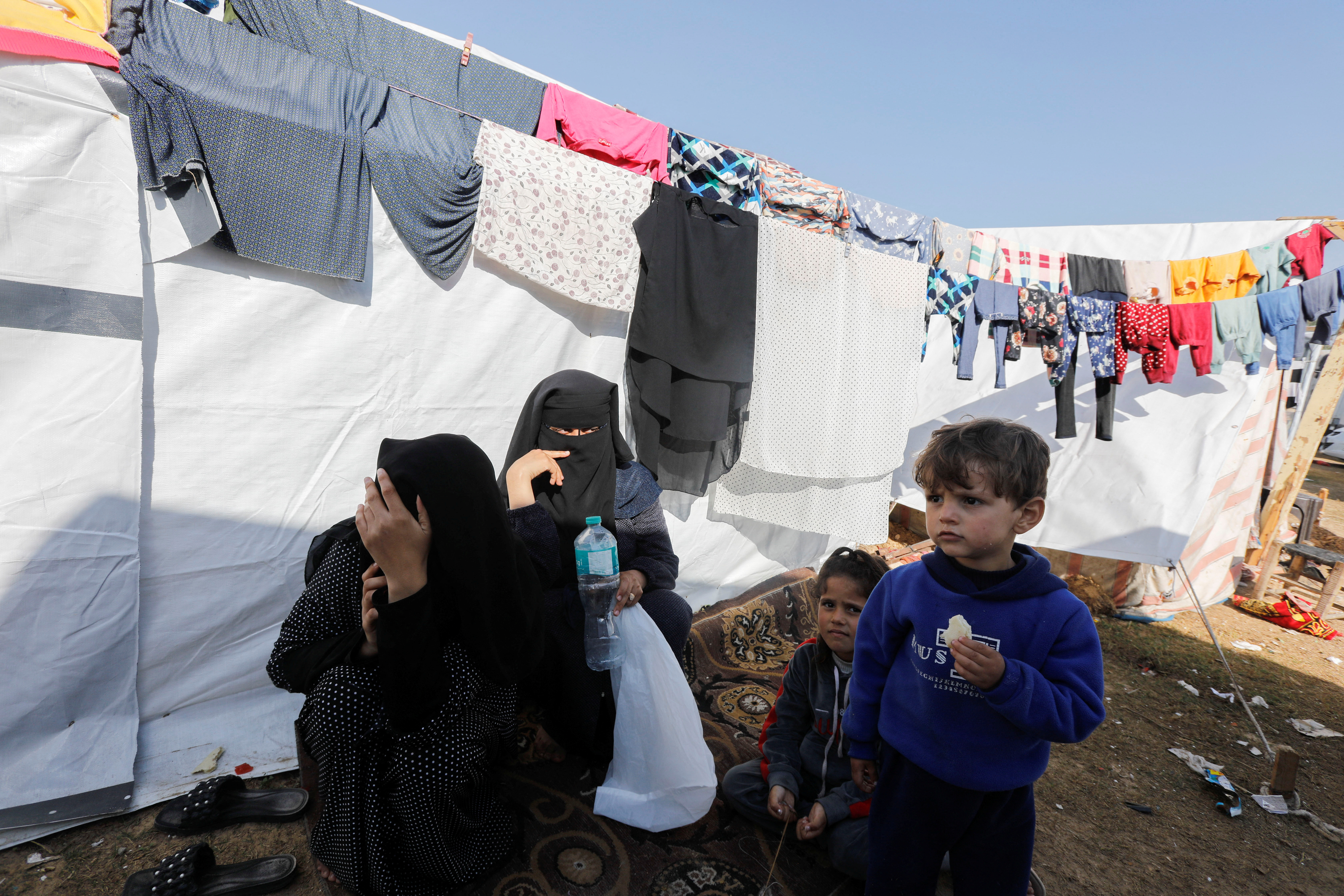 Displaced Palestinians take shelter in tents at Nasser hospital in Khan Younis, in the southern Gaza Strip