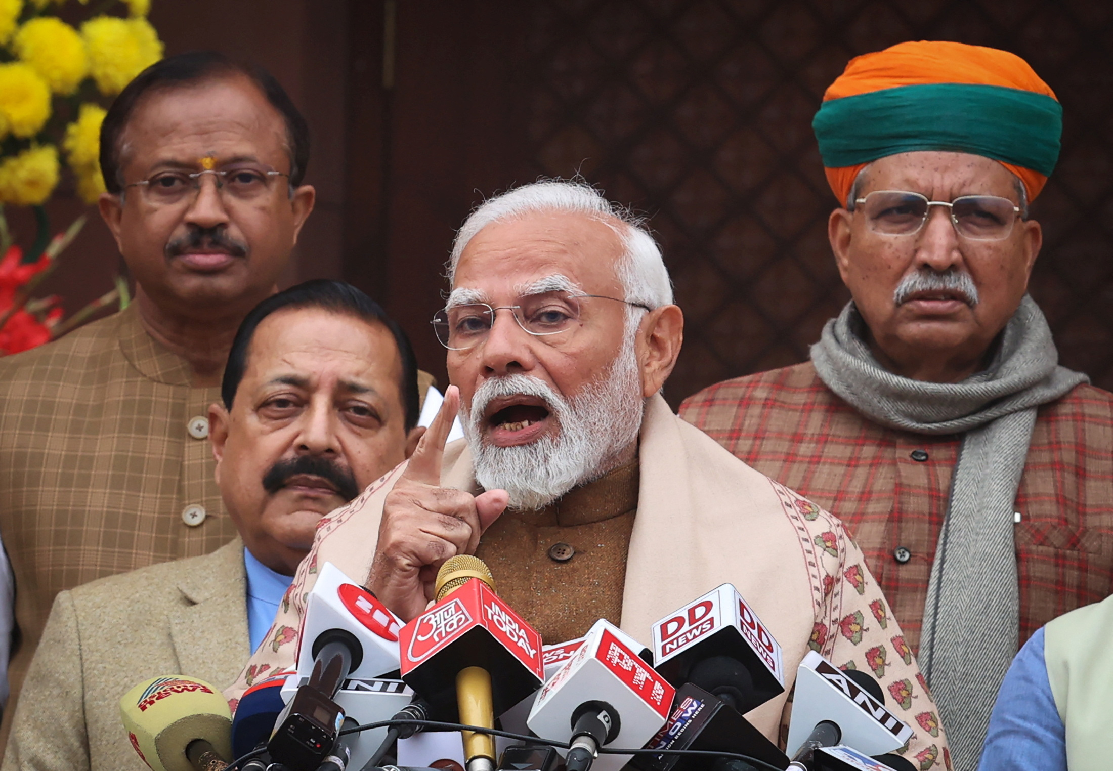 India's PM Modi speaks with the media inside the parliament premises, in New Delhi