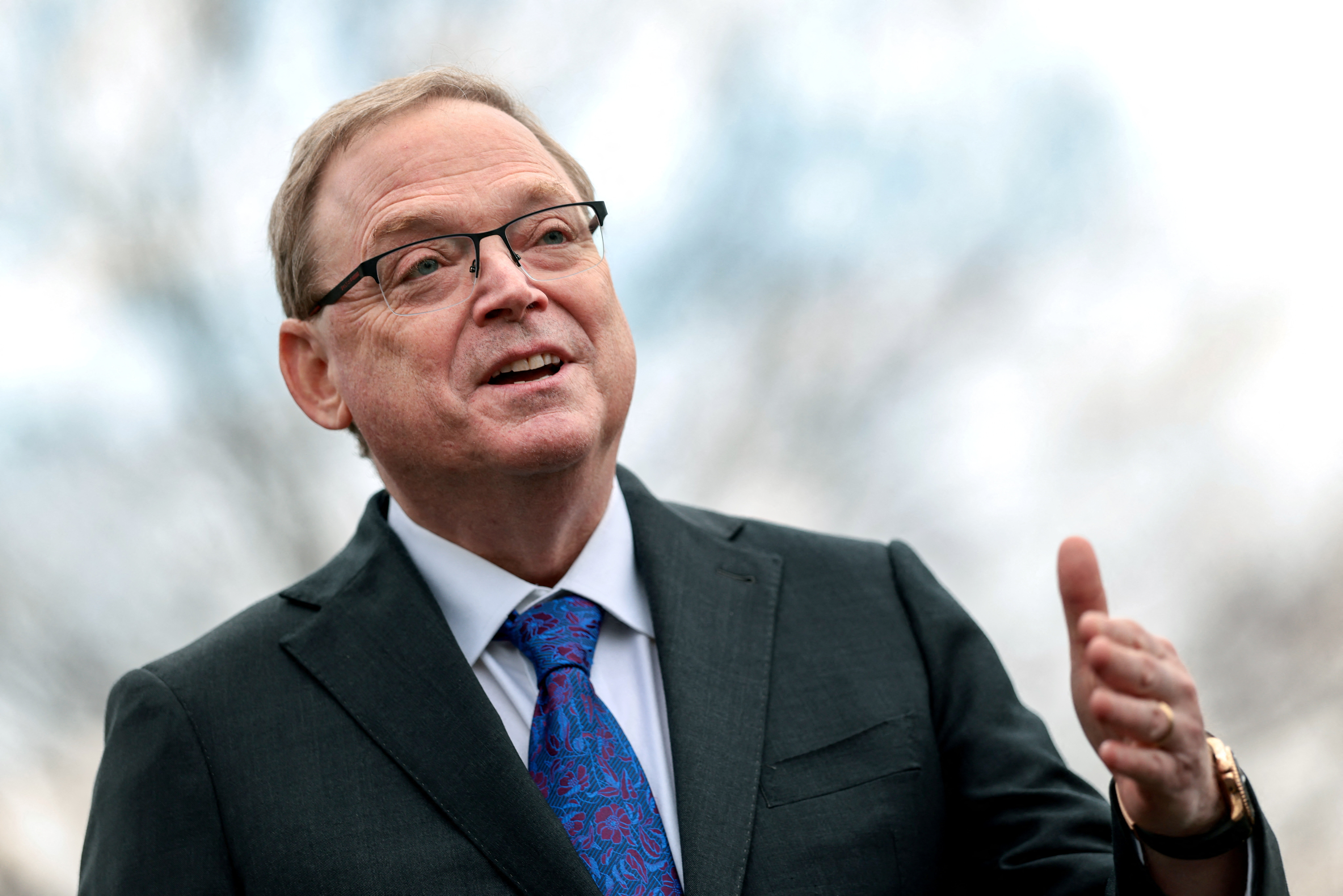 Kevin Hassett, Director of the National Economic Council, speaks to reporters outside the White House in Washington