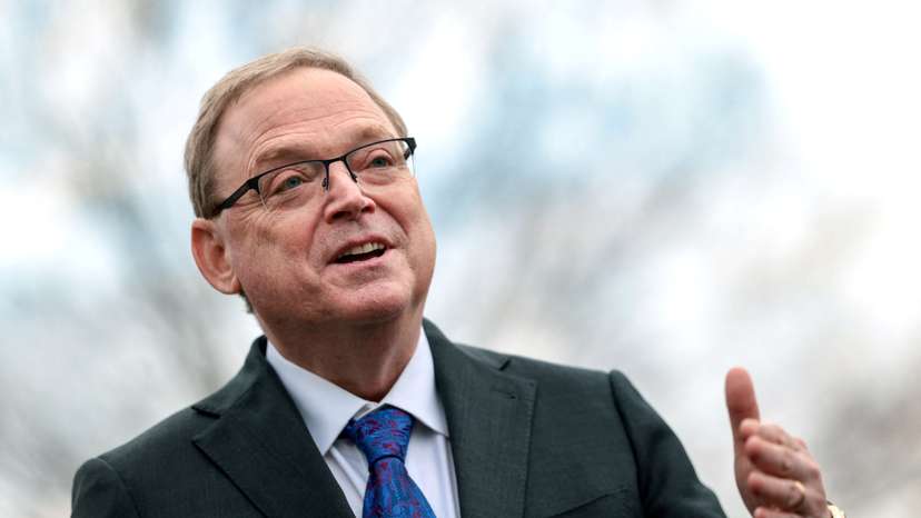 Kevin Hassett, Director of the National Economic Council, speaks to reporters outside the White House in Washington