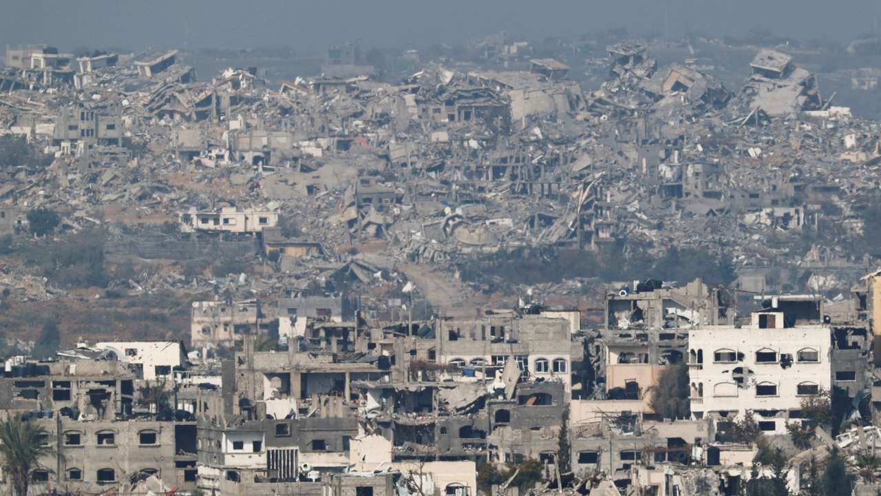 A view of damaged buildings in the northern Gaza Strip as seen from the Israel side of the border, near Sderot