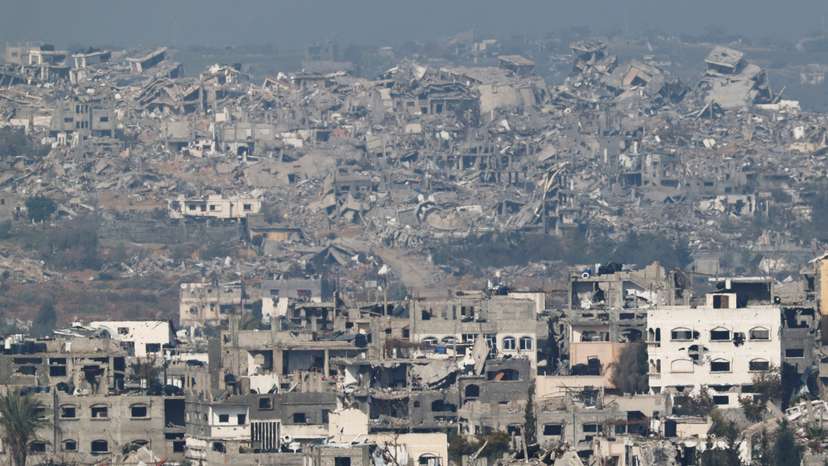 A view of damaged buildings in the northern Gaza Strip as seen from the Israel side of the border, near Sderot